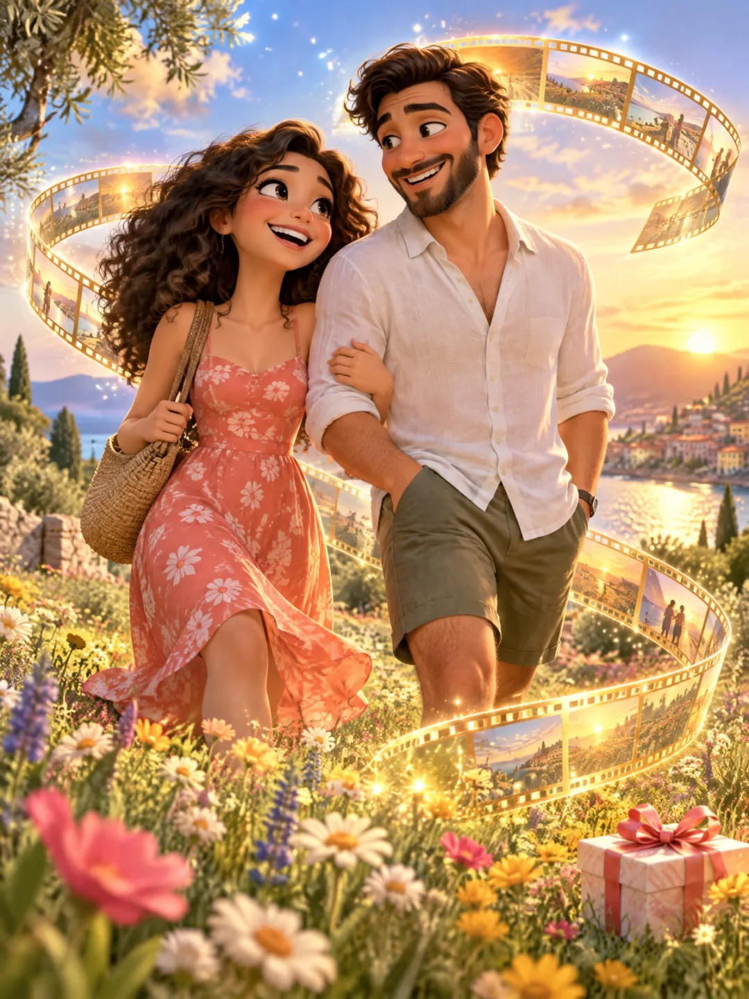 A happy cartoon couple in a flower meadow