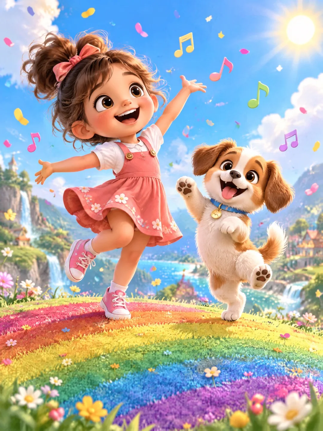 A cartoon child and puppy dancing on a rainbow hill